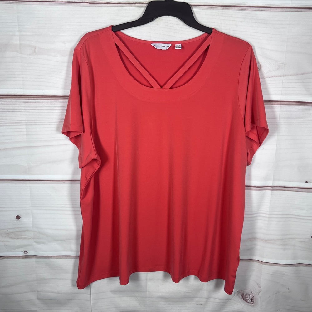Susan Graver Top Womens 3X Orange Liquid Knit Crisscross Neck Short Sleeve Tee